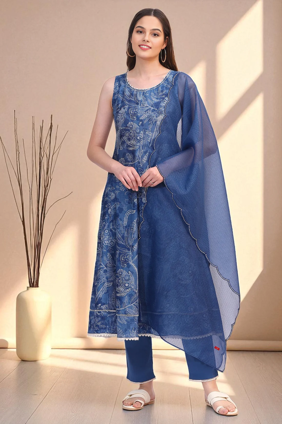 Ink Blue Sleeveless Pure Cotton Anarkali Kurta